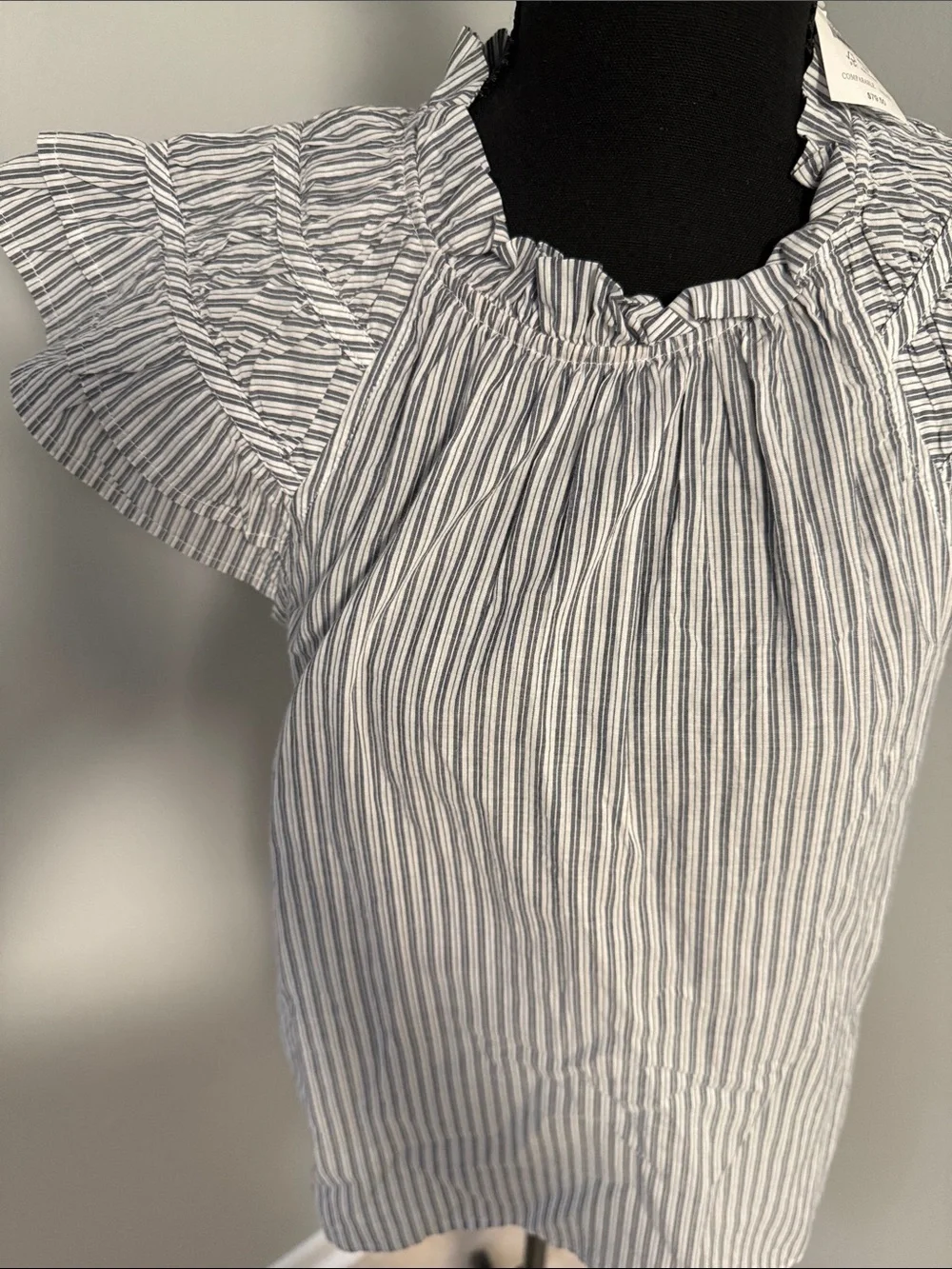 J. Crew White and Navy Striped Ruffle Sleeve Blouse